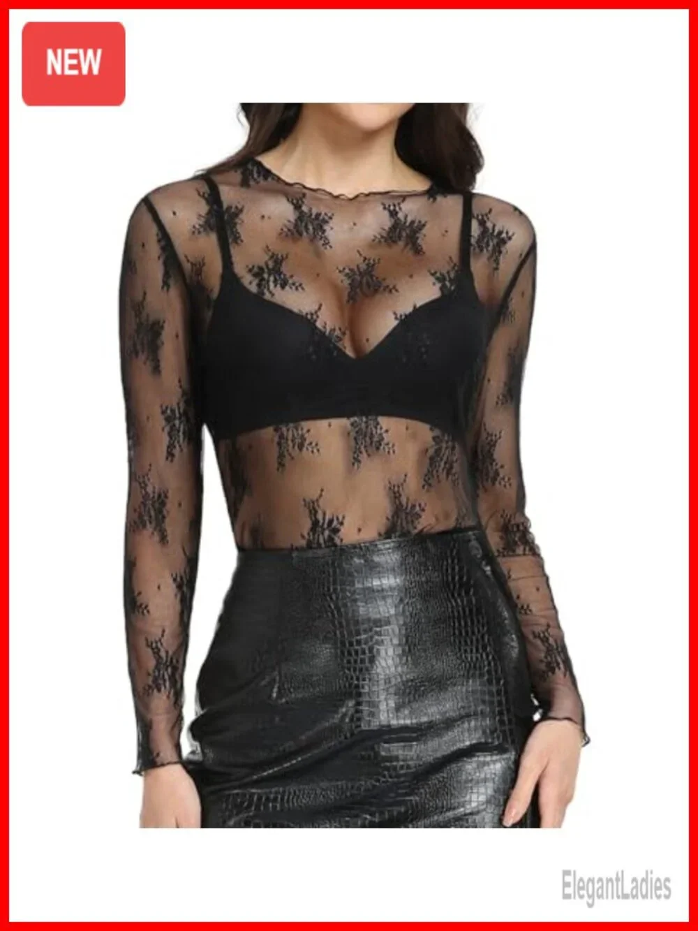 Sheer Mesh Long Sleeve Floral Blouse Mock Neck Ruffle Top Sexy Clubwear